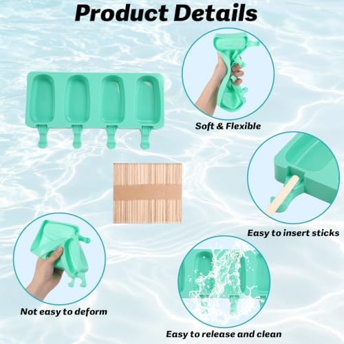 Popsicles Molds, 2Pcs Homemade Cake Pop Molds with Wooden Popsicles Sticks, Reusable Silicone Ice Pop Cream Cakesicle Maker Mold 4 Cavities for Home DIY Craft, Green