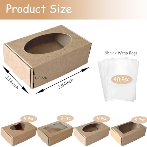 BZIDII 36Pcs Soap Boxes for Homemade Soap and 40pcs Shrink Bags,3.54 X 2.36 X 1.18 Inch Soap Boxes with Window,Bar Soap Packaging Kraft Box Supplies（Brown）