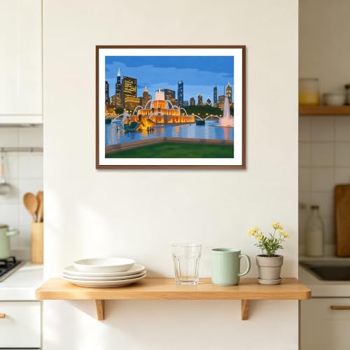 Chicago City Night View Paint by Number, Buckingham Fountain Paint by Numbers for Adult, Downtown Cityscape Canvas Painting Set, Travel Scenery Acrylic Painting for Home Decor 16×20inch Unframe