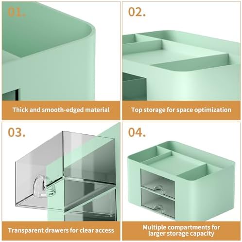 Marbrasse Pen Organizer with 2 Drawer, Multi-Functional Pencil Holder for Desk, Desk Organizers and Accessories with 5 Compartments + Drawer for Office Art Supplies (Green)