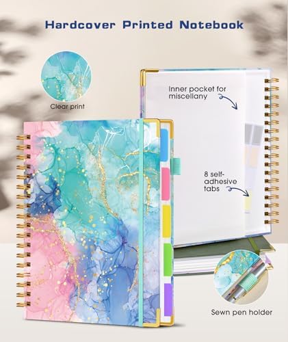 Hardcover Spiral Notebook journal with Removable Dividers Tabs, 300 Pages 5 Subject Notebook College Ruled, 100GMS Notebooks for Work School Note taking,Lined Journal for Women,Pink Blue Marble