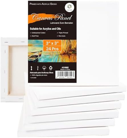 CONDA Mini Stretched Canvas for Painting, 3x3 Inch 24 Packs of Small Canvases for Kids and Art Supplies, 100% Cotton Primed Canvas, 2/5 Inch Profile Value Bulk Pack for Acrylics, Oils Painting