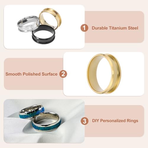 MECCANIXITY 3 Pcs Titanium Steel Ring Blank, 8mm Width Grooved Inlay Ring Blanks for Jewelry Making DIY Craft Supplies(Black/Gold/Silver, Size 13)