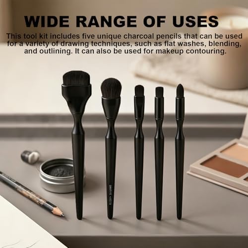5 Pack Charcoal Blending Brushes Set, Multi-Size Soft Synthetic Fiber Art Paint Brushes for Acrylic, Oil, Watercolor & Gouache, Suitable for Artists, Teachers and Students