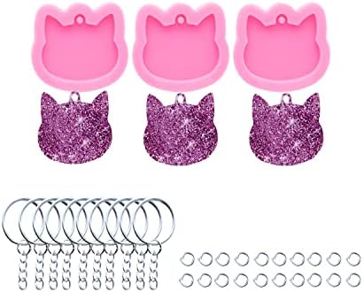 3pc Shiny Pet Cat Tag Mini Cat Head Resin Silicone Molds, Keychain Mould Crafts Epoxy Art DIY Handmade Mold with 10PC Key Ring(DY0869+DY0869+DY0869)