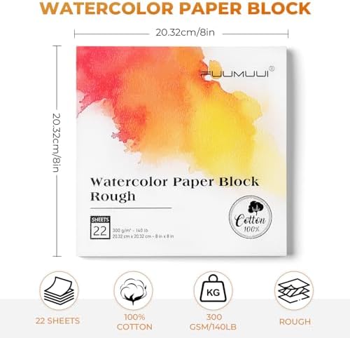 Fuumuui 8×8 Watercolor Paper Block, Textured Rough 100% Cotton Watercolor Paper, 140lb/300gsm, 22 Sheets, Acid-Free, Art Paper for Painting & Drawing, Wet, Mixed Media, Rough Grain