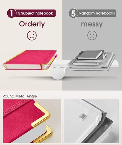 Hardcover Spiral Notebook 8.5"x11" Journal with Removable Dividers Tabs, 300 Pages Leather 5 Subject Notebook College Ruled, Large A4 Notebooks for Work School, Lined Journal for Women, A4 Rose