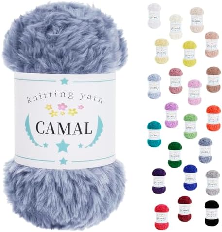 CAMAL Soft Faux Fur Yarn for Crocheting Blanket, 65 Yards Chunky Eyelash Yarn for Knitting Hats, 100 Grams Fuzzy Velvet Crochet Thread for Dolls, Earmuffs, Bags (Blue Gray)