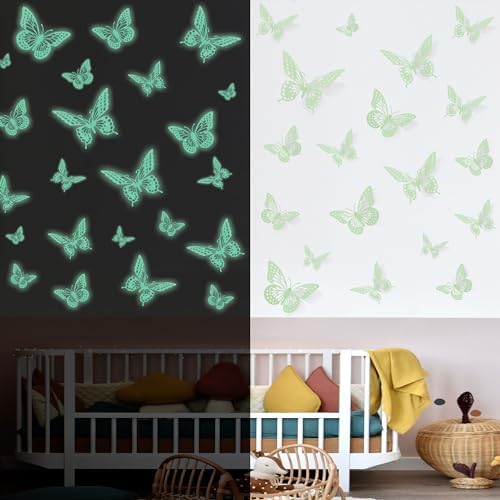 SAOROPEB Glow in The Dark 3D Butterfly 24 Pcs 3 Sizes, Luminous Butterfly Stickers for Ceiling or Wall, Glow in The Dark Party Supplies, Removable Luminous Stickers for Kids Babys Nursery (Green) | 3 Sizes, Luminous Butterfly Stickers for Ceiling Wall,...