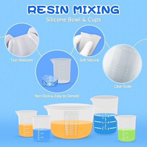 Silicone Resin Mixing Measuring Cups for Resin Supplies, 600ml/20oz Bowl, 250 & 100ml Thickened Reusable Silicone Cups for Epoxy Mixing, with Stir Sticks and Pipettes, Jewelry Making