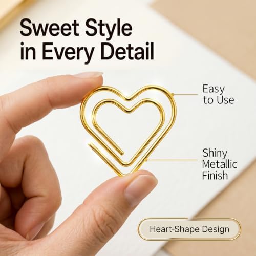 Cute Gold Heart Paper Clips 100 Pcs, Planner Bookmark Clips