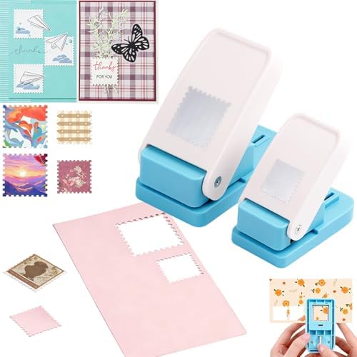 CYFUN DESIGN 2 Pcs Stamp Puncher, 1.5inch & 1inch Square Stamp Hole Punch, Stamps Cut Out Cutter, Postage Stamp Shaped Paper Punches for Crafting Journaling DIY Scrapbooking Card Making Supplies