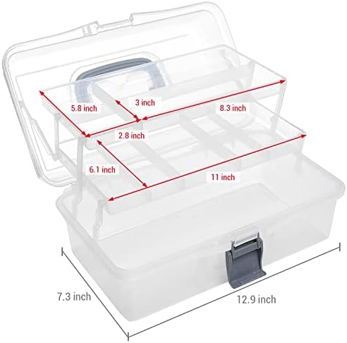 MyGift 13 Inch Clear Plastic Multipurpose Storage Box Gray Handle, 2 Trays