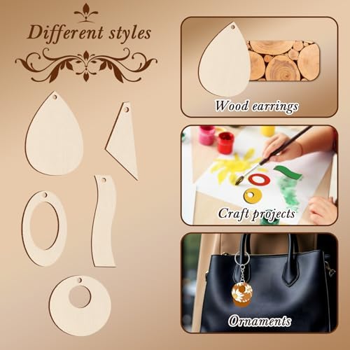 300 Pieces Unfinished Wooden Earrings Blanks for Earring Pieces 5 Shapes Wood Pendants with 100 Pcs Earring Hooks and 100 Pieces Jump Rings for DIY Craft Jewelry Making