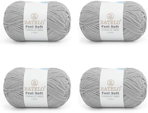 Thin Chenille Yarn for Crocheting & Knitting, Soft Plush Yarn for DIY Crafts, Amigurumi, Home Decor - 3 Light - 4 Pack of 1.7oz/142yds - Gray