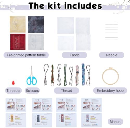 FREEBLOSS 4 Set Embroidery Bookmark Kit Flowers Embroidery Kit for Beginners with Instructions Embroidered Bookmark DIY Hand Embroidery Kit Embroidered Bookmark Kit Cross Stitch Kit