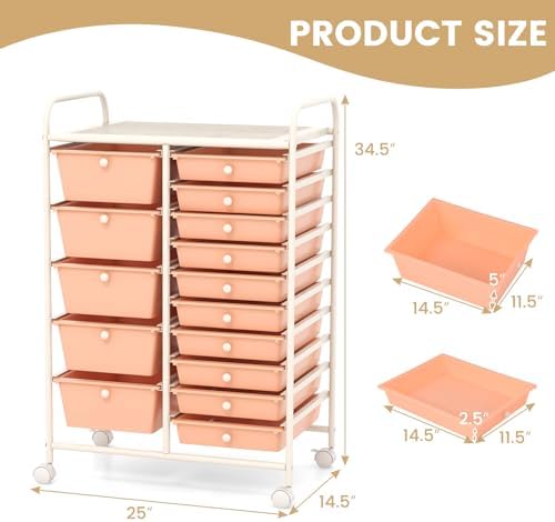 LDAILY 15 Drawer Rolling Storage Cart, Rolling Cart with Drawers for Classroom, Art Supply Craft Organizer on Wheel with Metal Frame & Handles for Home Office School