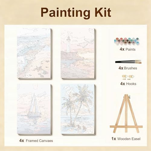 Gemozaic 4 Pack Beach Framed Paint by Numbers Kit for Adults, 8 x 12 Inch