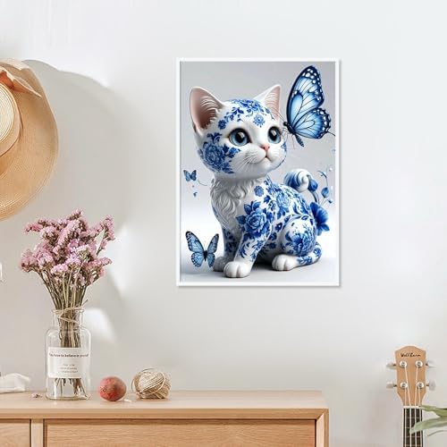 MVVMTOP Diamond Painting Kit for Adults 5D DIY Blue and White Porcelain cat and Butterfly Full Drill Round Diamond Art Kits for Beginners Crystal Rhinestone Embroidery Painting Home Wall Decor Gift
