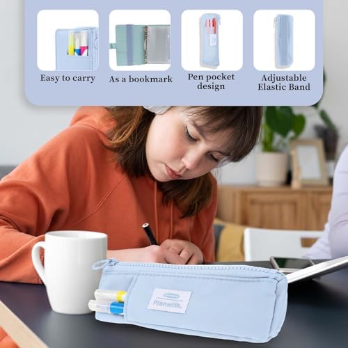 Elastic Pen Holder for Notebook, Zipper Notebook Pencil Pouch Small Pencil Holder Pouch with Adjustable Elastic Band Slim Pencils Bag Journal Pen Holders for Office Home Stationary Supplies(Blue)