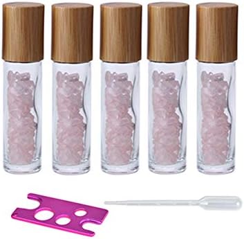 5 Pack 10ml Clear Roll On Bottles With Natural Chakra Crystal Chips for Essential Oils,Perfume Glass Roller Bottles Container Bamboo Lid,Crystal Roller,Pipette&Opener Included (Rose Quartz)