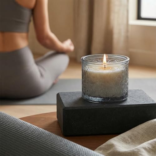 10 oz Gray Mandala Glass Candle Jars with Bamboo Lids, 9 Pack