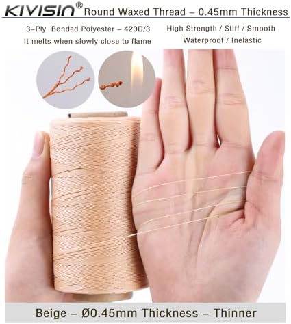 Thin Wax Polyester Thread, 0.45mm, 547 Yards, 3 Ply Round Waxed Cord Strings for Sewing, Beading, Binding, Micro Braiding, Fine Leather Craft and Micro Macrame Jewelry - Beige