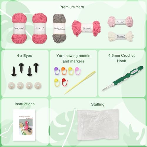 Noocro Flamingo Amigurumi Crochet Kit for Advanced Beginners & Intermediate, DIY Crochet Animal Plushie Kit with Soft Chenille Yarn, Hook, Stuffing & Instructions – Fun Craft Gift