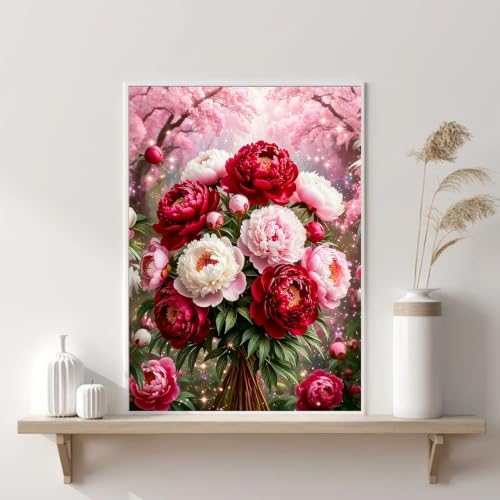 VeGuude Diamond Art Flowers Kits for Adults, Full Drill Peony Flowers Diamond Painting Kits for Beginners, DIY Full Rhinestone 5D Diamond dots (Gemstone Craft), Home Wall Decoration (12x16 inch)