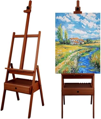 Large Beechwood H-Frame Studio Easel Stand with Storage Drawer, Walnut | Height Adjustable to 35Inches High, Suitable for Painting, Sketching and Displaying