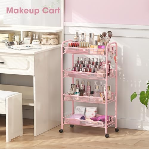 TOOLF 4 Tier Rolling Cart, Metal Utility Storage Cart with Wheels, Pink | 3 Hooks, Screwless Assembly, Trolley Organizer for Bathroom, Kitchen, Office, Nursery, Dorm, Laundry Room