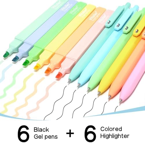 Vitoler Highlighters and Gel Pens set 12 Packs，No Bleed Fast Drying Pens | for Teacher Nurse Study, Journaling and Office Supplies