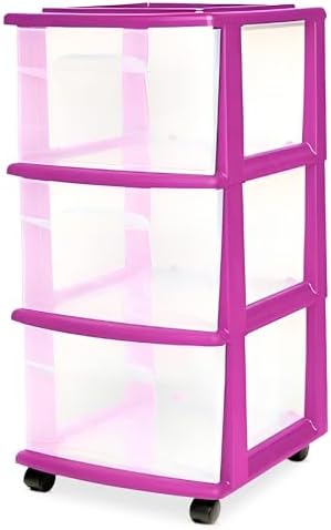 HOMZ Drawer Tower, 3-Tier Storage Cart with Removable Wheels, Purple Frame