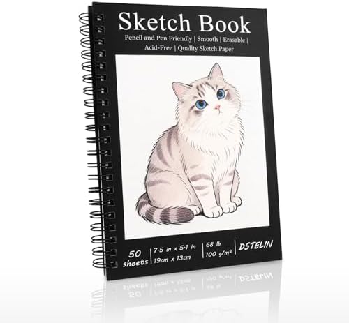 DSTELIN 1 Pack Spiral Bound Sketchbooks (100 GSM Sketch Paper), 50 Sheets per Pack, 7.5" x 5.1" Sketchbook with Black Hard Cover for Painting, Drawing and Sketching