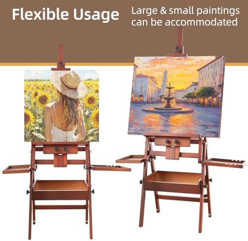 Horizontal Beechwood Studio Easel with Drawer and Palettes, Walnut | H-Frame Solid Wooden Painting Easel for Students, Beginners, and Artists, Hold Canvas to 50Inches High
