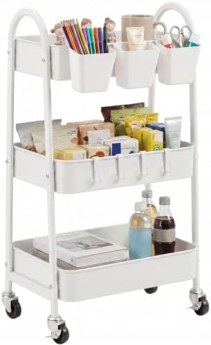 danpinera 3-Tier Rolling Cart, Utility Cart Mobile Metal Rolling Storage Cart with Lockable Wheels & Hanging Cups & Hooks for Kitchen, Bathroom, Office, Workshop, White