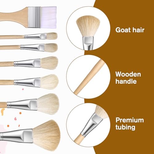 Mop Brush for Acrylic Painting, 7 Pieces Versatile Blending Brush Paint Brushes for Acrylic Painting Goat Hair Paint Brushes Set with Wooden Handle for Watercolor Oil Face Body Art