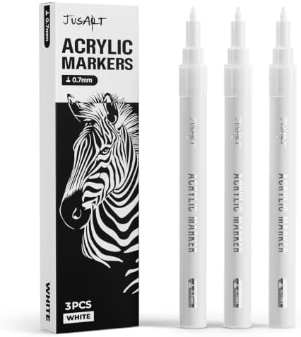 JusArt 0.7mm Fine Point White Permanent Markers, 3 Pack