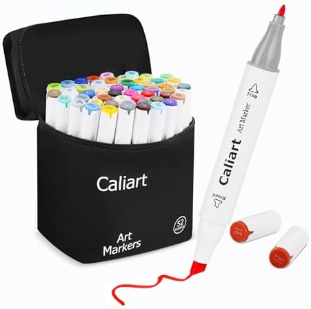 Caliart 52 Colors Alcohol Markers Dual Tip, Fine & Chisel Permanent Pens | Art Markers for Adult Coloring Books No Bleeding, Beginners Artists Drawing Sketch Illustration Painting Art Supplies Gift