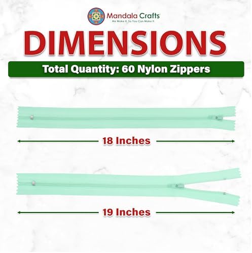 Mandala Crafts 60 PCs Mint Closed-End 18 Inches Nylon Zippers for Sewing