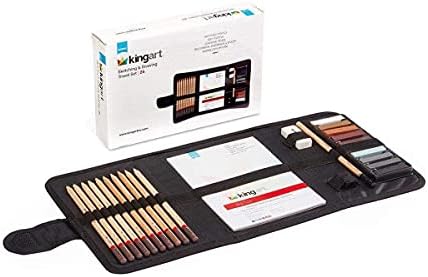 KINGART DRAWING & SKETCHING 25 pc. TRAVEL SET, Graphite, and Charcoal Pencils & Pastels plus Supplies, Art Drawing Kit for Adults, Teens, Beginner to Pro, Ideal for Shading, Blending, 25 pc.