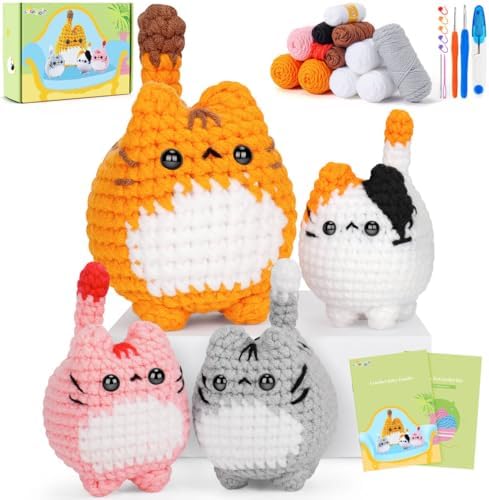 Crochet Kit for Beginners-4PCS Cat Crochet Kits for Adults, Teacher Appreciation Gifts, Crochet Starter Kit with Step-by-Step Video Tutorials, Crochet Animals Kits DIY Craft Kit Learn to Crochet Kits