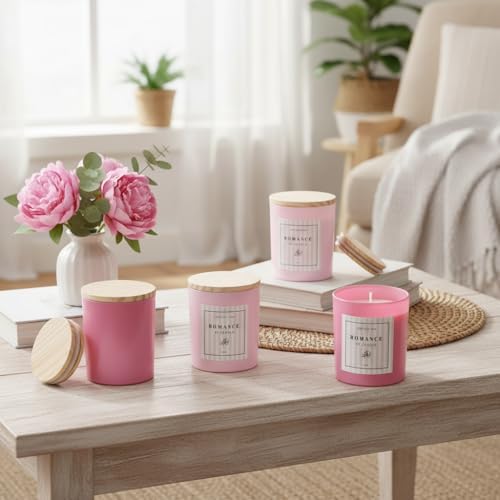 12Pcs Assorted Pink Candle Jars for Making Candles, 10oz Empty Jars with Bamboo Lids and Labels, Glass Candle Jars for Candle Making Supplies, Candle Containers for DIY Gifts