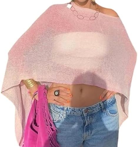 Nicoxijia Women Y2K Sheer Knit Poncho Top Lightweight Summer Beach Knit Shrug Shawl Bolero Off Shoulder Mesh Sweater Cover Up