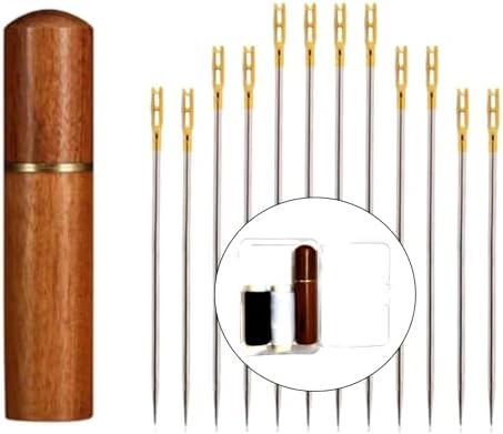 36 Pack Non Threading Sewing Needle Back Opening Dual-Purpose Sewing Needle with Wooden Needle Case+Square Storage Box+Black/White Threads Used for Sewing Clothes, Embroidery, etc(Mixed Sizes)