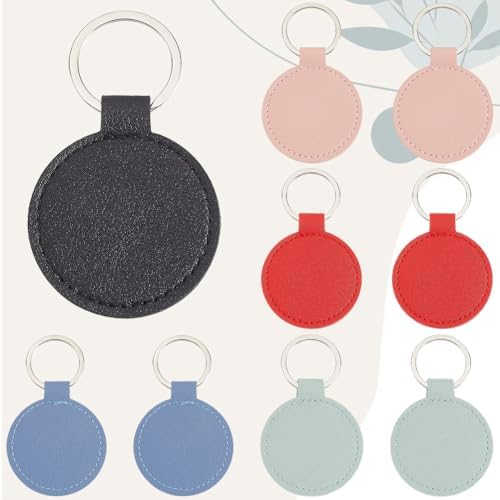 10PCS 5 Colors Round PU Leather Blank Keychain Heat Transfer Keyring Double Side Leather Keychain Kit with Key Ring Sublimation Key Fob Holder Bulk for DIY Craft Present Making Birthday Gift