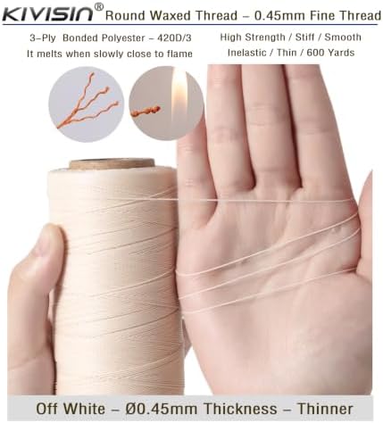 Round Waxed Thread, 600 Yards, 0.45mm, Off-White, Thin Bonded Polyester Wax Cord String for Leather Sewing, Upholstery, Bookbinding, Micro Knotting, Bracelet and Macrame Jewelry Making