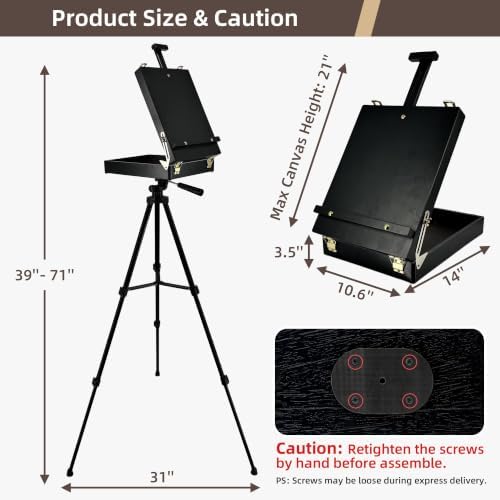 Black French Style Easel Sketch Box with Aluminum Tripod | Lightweight Black Aluminum Tripod, Adjustable Portable Plein Air Easel for Outdoor Painting, Sketching & Painting