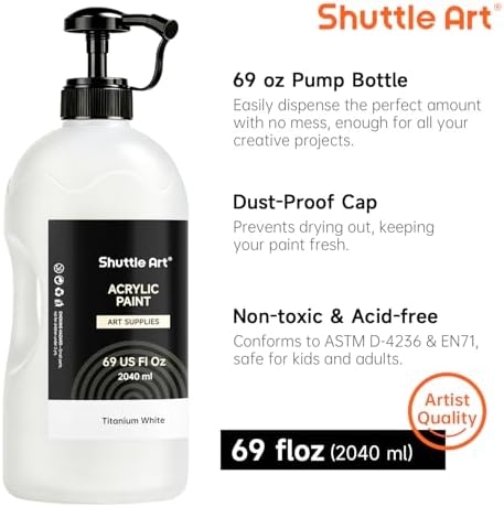 Shuttle Art Titanium White Acrylic Paint Set, 2×69oz/2040ml Large Capacity Pump Bottles with Covers, High Coverage, Fast Drying Non-Toxic Art Paint for Artists, Students, Kids & Multi-Surface