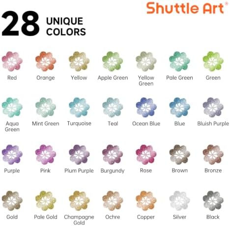 Shuttle Art 28 Metallic Brush & Dot Tip Acrylic Paint Markers